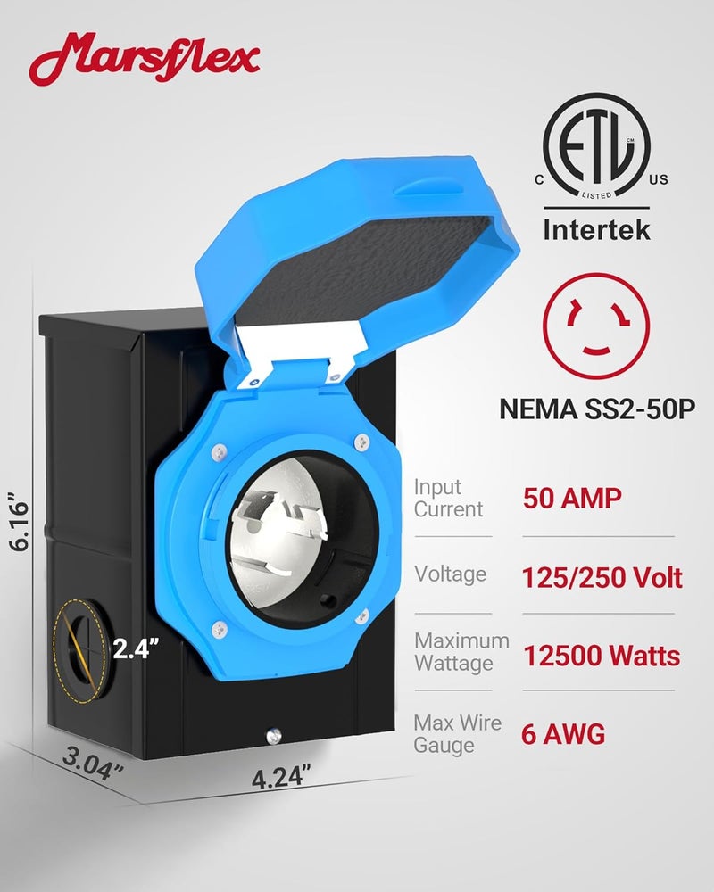 Marsflex 50 Amp Generator Inlet Box, Pre-Drilling NEMA SS2-50P Power Inlet Box for 125/250 Volt, 12500 Watts Generator Power Inlet Box, Weatherproof Outdoor Use with LED Power Indicator, ETL Listed - Image 2
